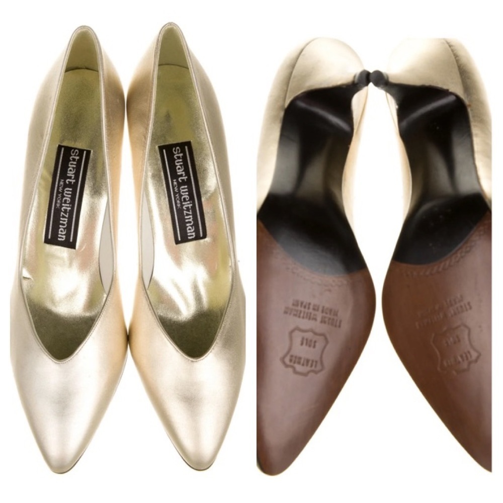 Stuart Weitzman Gold Metallic Leather Heels Pointed Toe Pumps 5.5